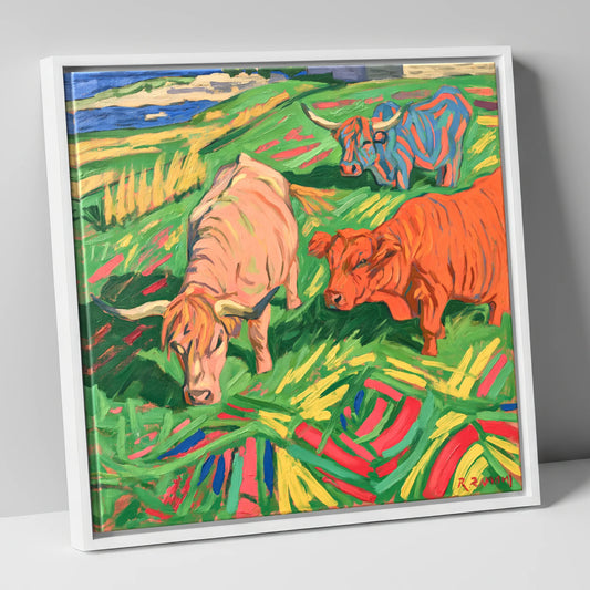 Vibrant Highland Cattle Grazing lake district wildlife canvas wall art in white frame
