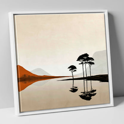 Dawn Lake with Silhouetted Pines lake district lake canvas wall art in white frame