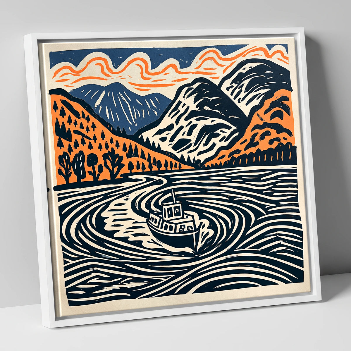Ullswater Steamer in Terracotta and Navy lake district lake canvas wall art in white frame