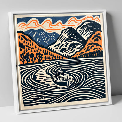 Ullswater Steamer in Terracotta and Navy lake district lake canvas wall art in white frame