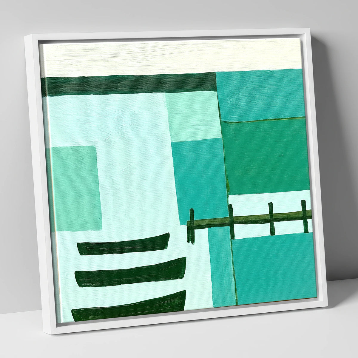 Abstract Teal Windermere Boats lake district lake canvas wall art in white frame