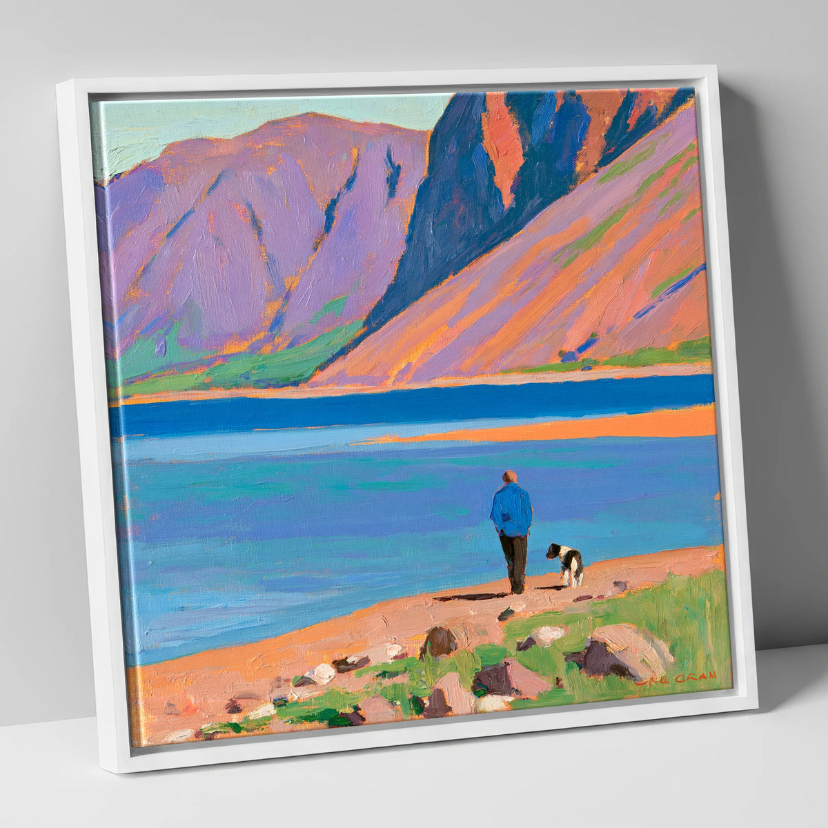 Vibrant Wast Water Dog Walk gifts for dog walkers canvas wall art in white frame