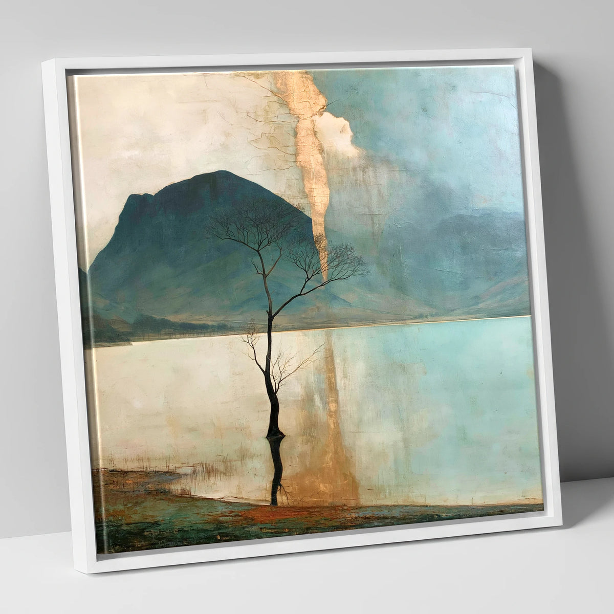 Buttermere Tree in Golden Light lake district lake canvas wall art in white frame