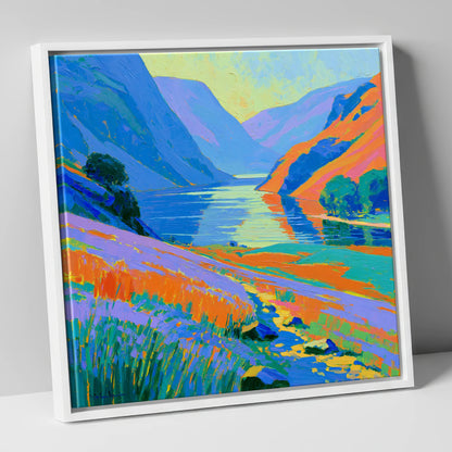Vibrant Lake and Steep Fells lake district lake canvas wall art in white frame