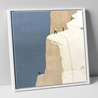 Climbers on High White Fell Ledges lake district walking canvas wall art in white frame