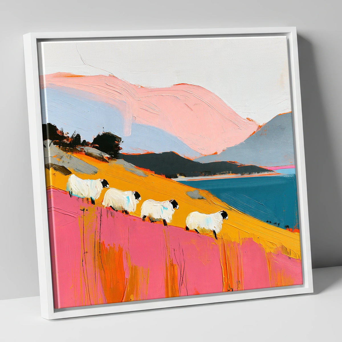 Vibrant Herdwicks Above Teal Lake lake district wildlife canvas wall art in white frame