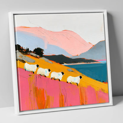 Vibrant Herdwicks Above Teal Lake lake district wildlife canvas wall art in white frame