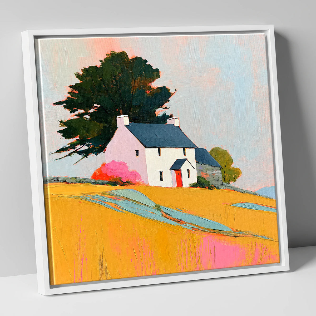White Stone Cottage in Golden Fields lake district village canvas wall art in white frame