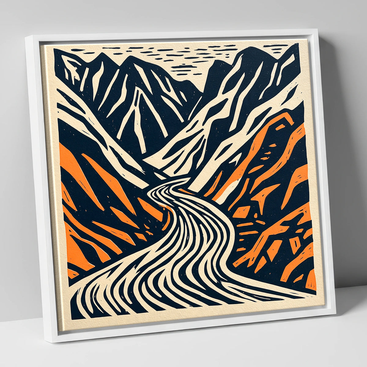 Honister Pass Navy and Terracotta lake district valley canvas wall art in white frame