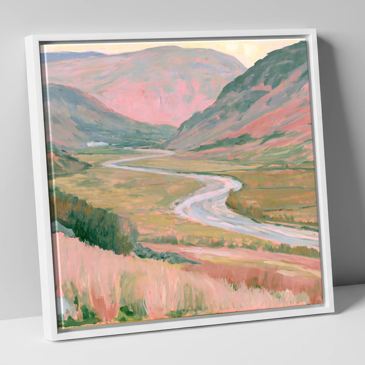 Winding River in Pastel Light lake district waterfall canvas wall art in white frame