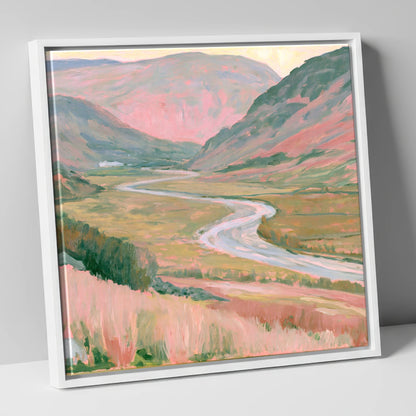 Winding River in Pastel Light lake district waterfall canvas wall art in white frame