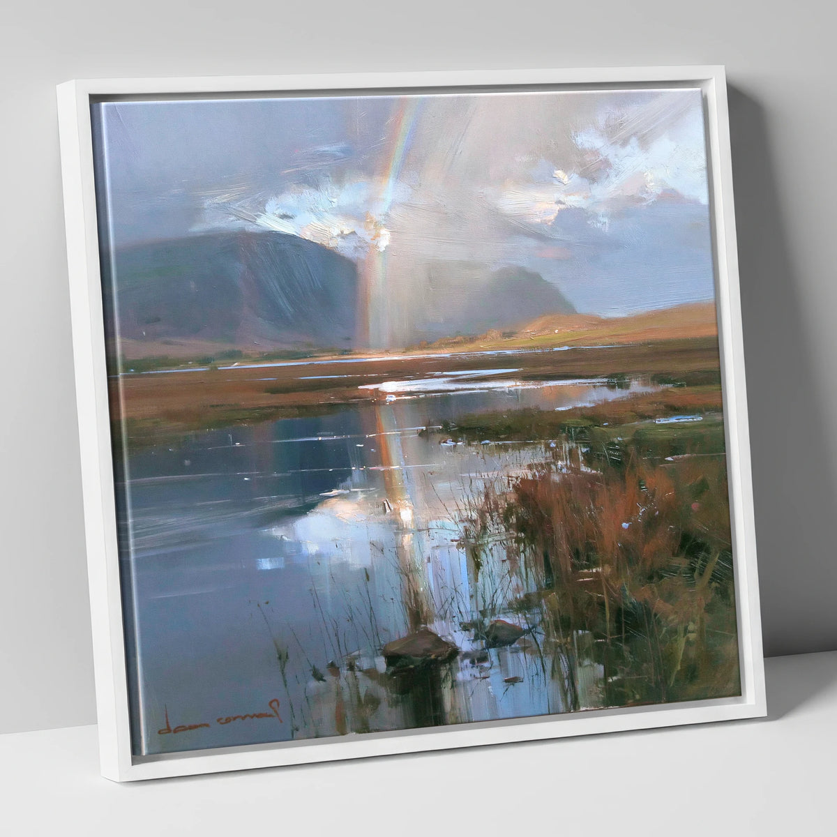 Rainbow Reflection Over Valley Waters lake district sky canvas wall art in white frame