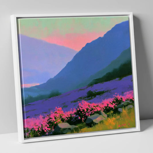 Indigo Fells and Vibrant Heather flowers & fellsides canvas wall art in white frame