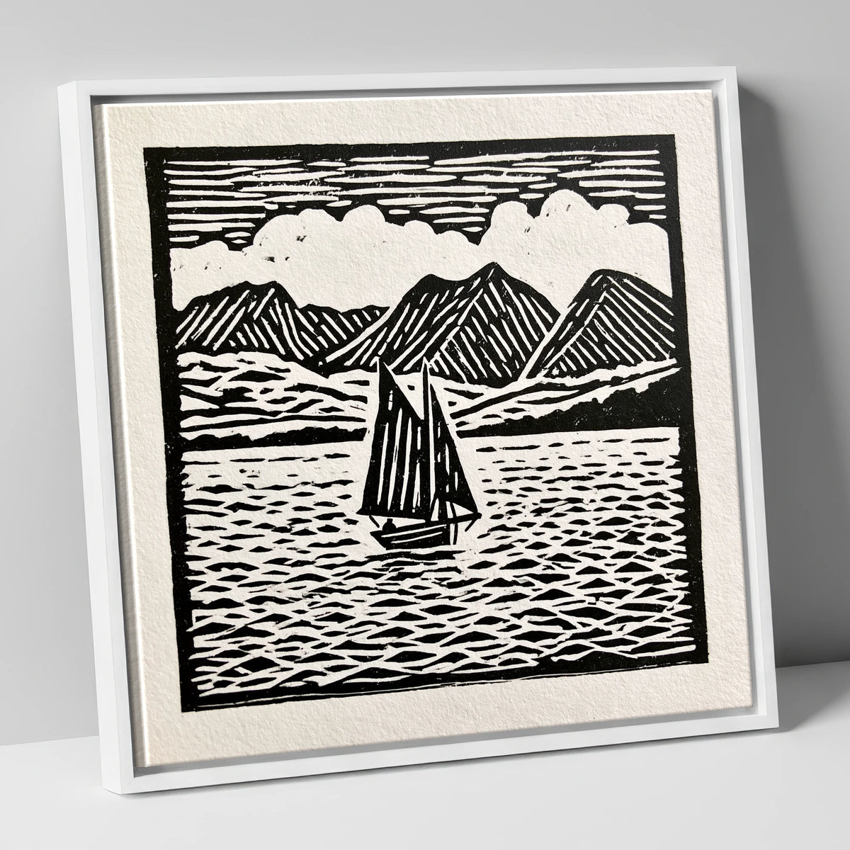 Monochrome Sailing Boat on Windermere lake district lake canvas wall art in white frame