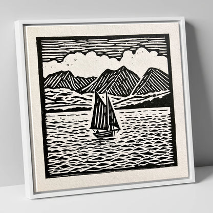 Monochrome Sailing Boat on Windermere lake district lake canvas wall art in white frame