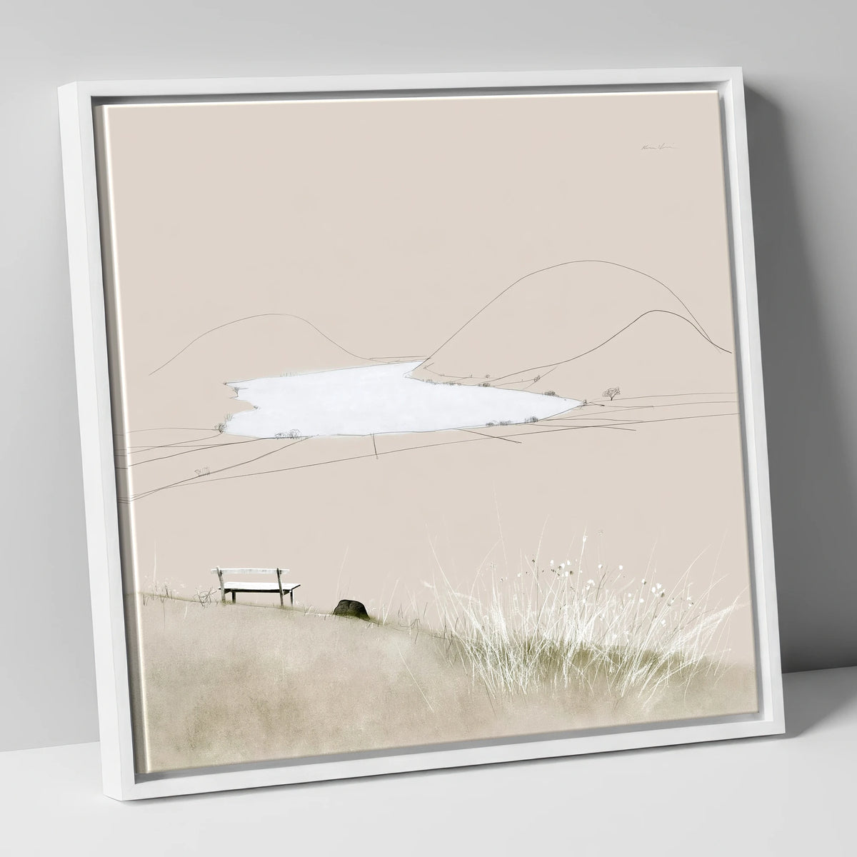 Loweswater Bench in Neutral Tones lake district lake canvas wall art in white frame