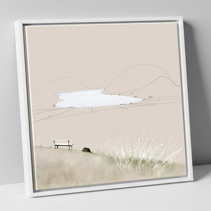 Loweswater Bench in Neutral Tones lake district lake canvas wall art in white frame