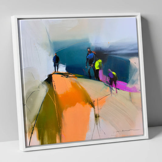 Vibrant Hikers on a Fell Top lake district fell canvas wall art in white frame