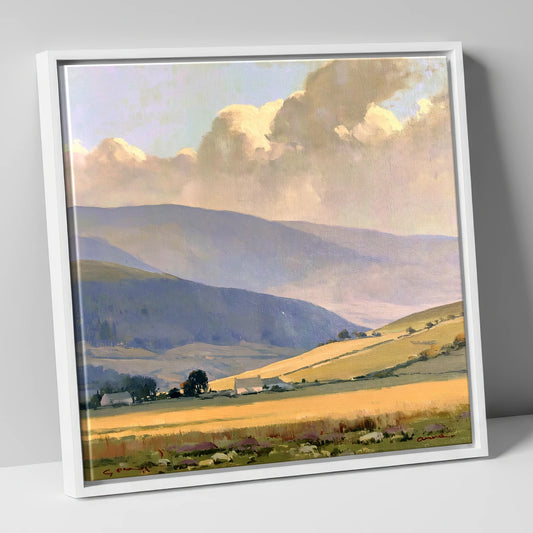 Golden Pastures and Distant Fells lake district sky canvas wall art in white frame