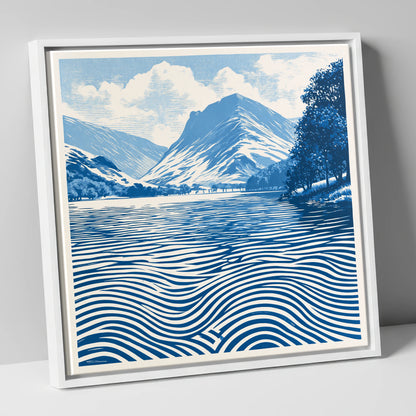Buttermere in Cobalt Blue lake district lake canvas wall art in white frame