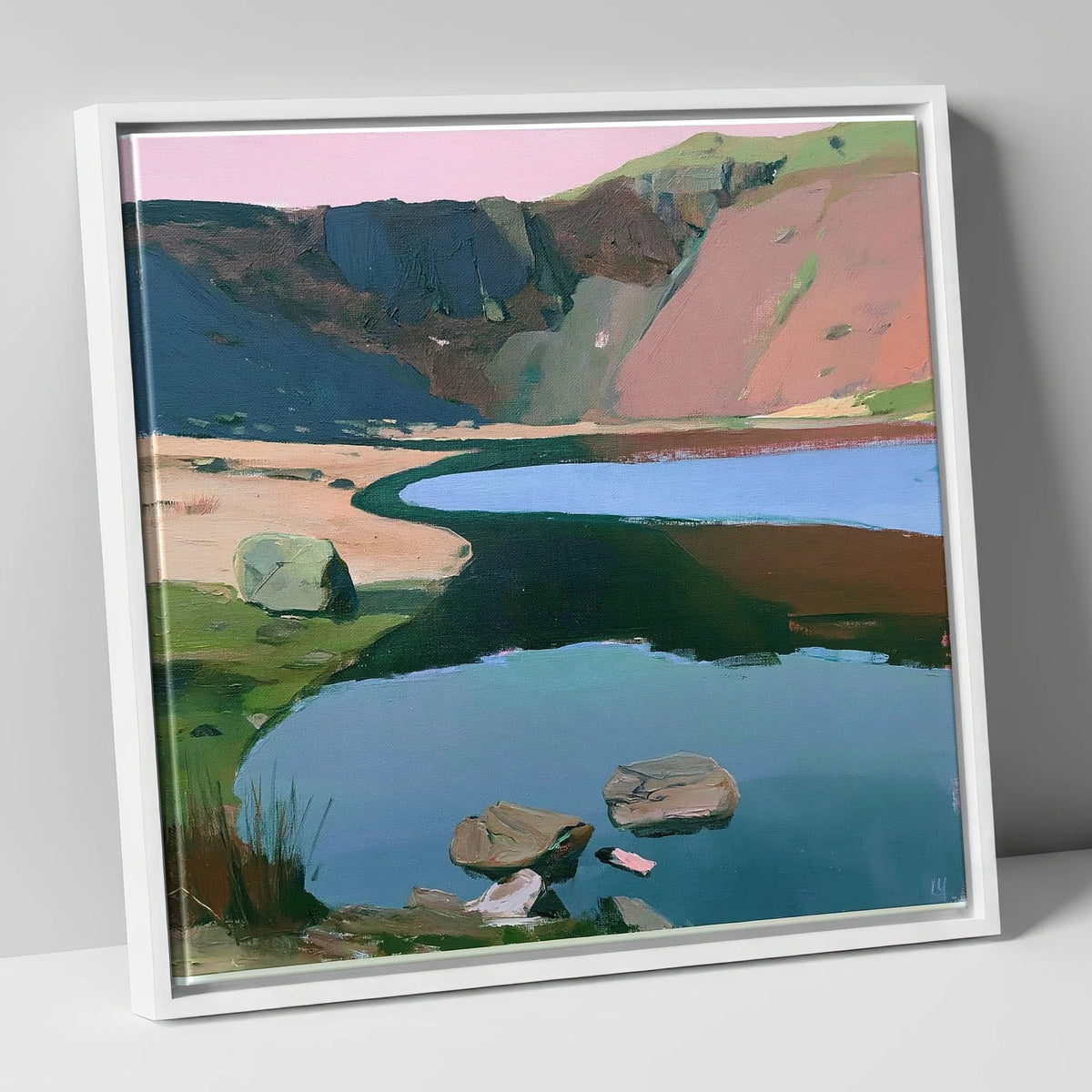 Blush Sky Over Easedale Tarn lake district lake canvas wall art in white frame