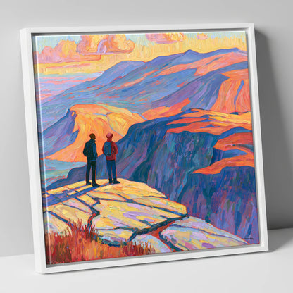 Hikers at Sunset on the Fells lake district fell canvas wall art in white frame