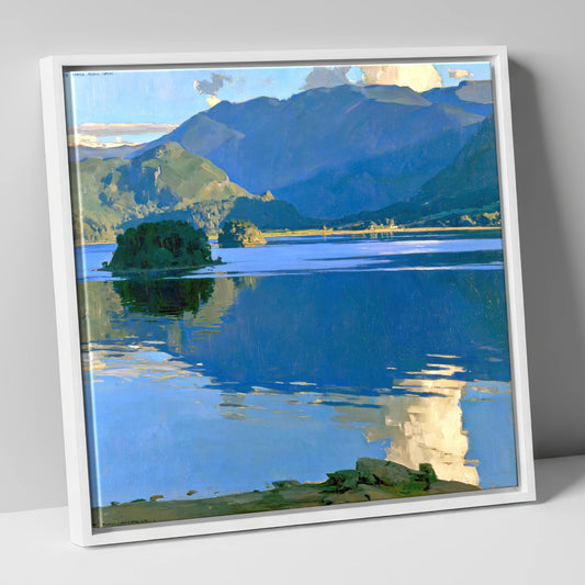 Vibrant Blue Derwentwater and Catbells lake district lake canvas wall art in white frame