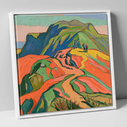 Vibrant Fell Walkers on the Ridge lake district fell canvas wall art in white frame