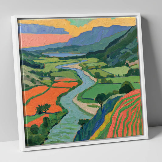 Winding River Through Vivid Fells lake district waterfall canvas wall art in white frame
