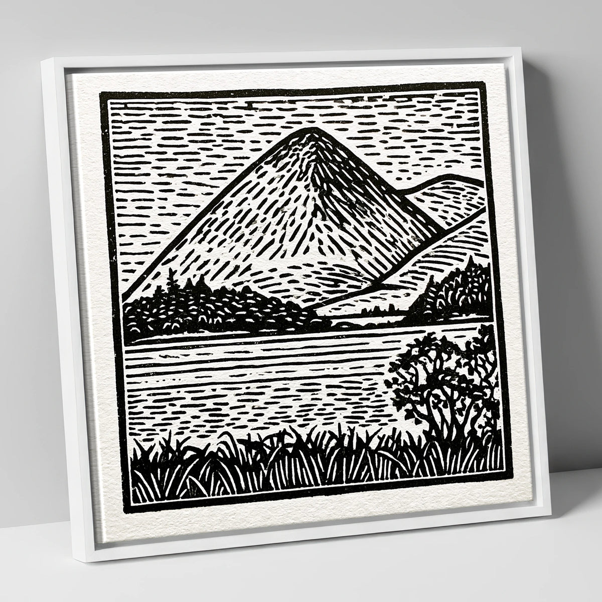Bold Monochrome Catbells Peak lake district fell canvas wall art in white frame