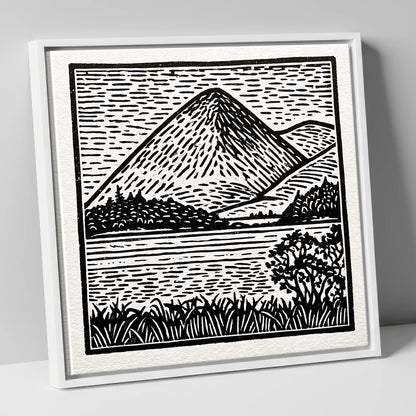 Bold Monochrome Catbells Peak lake district fell canvas wall art in white frame