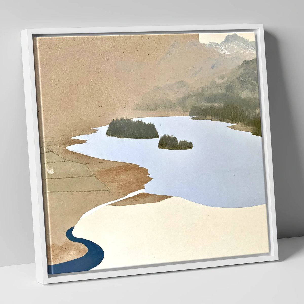 Aerial View over Elterwater lake district lake canvas wall art in white frame