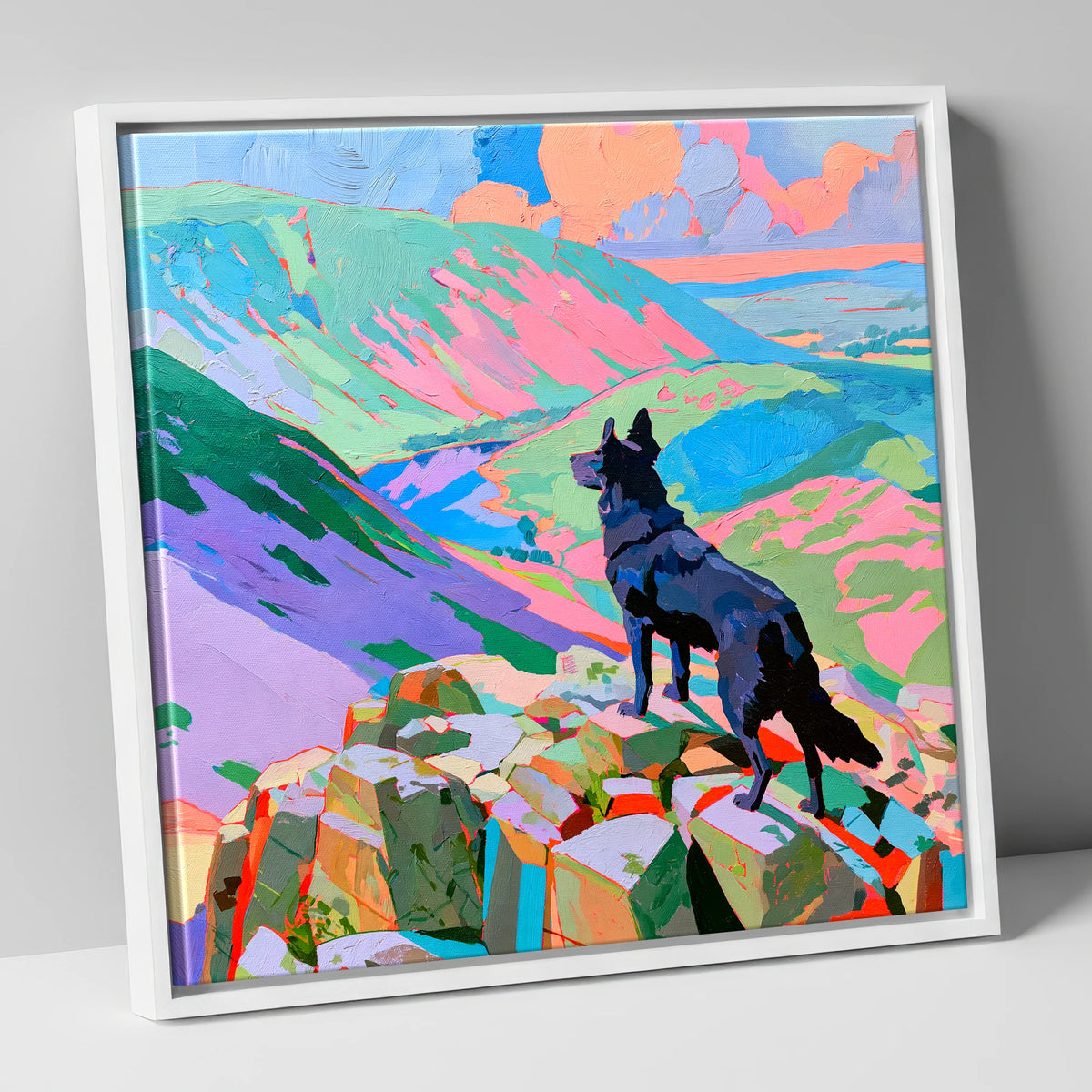 Black Dog on Vibrant Haystacks haystacks wall art canvas wall art in white frame