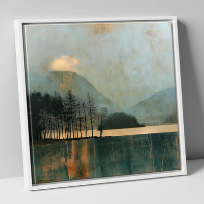 Grasmere Island in Teal and Gold lake district lake canvas wall art in white frame