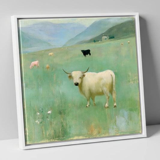White Highland Cow Beneath Fells lake district wildlife canvas wall art in white frame