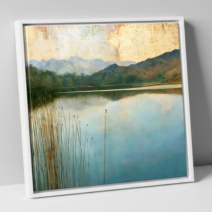 Elterwater Beneath a Golden Sky lake district lake canvas wall art in white frame