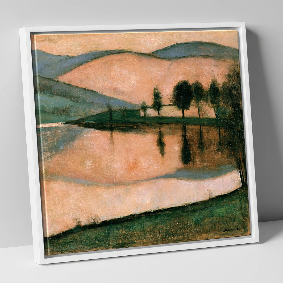 Terracotta Dawn Over Still Lake lake district lake canvas wall art in white frame