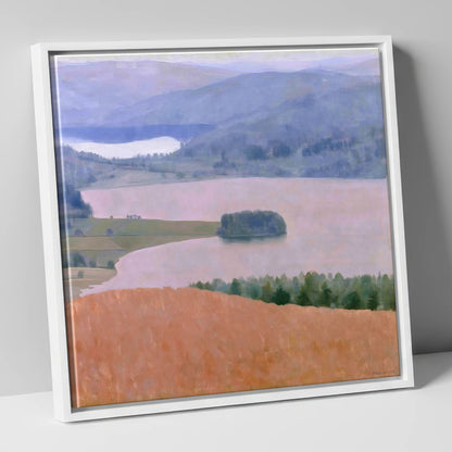 Grasmere Lake in Dusky Pink lake district lake canvas wall art in white frame