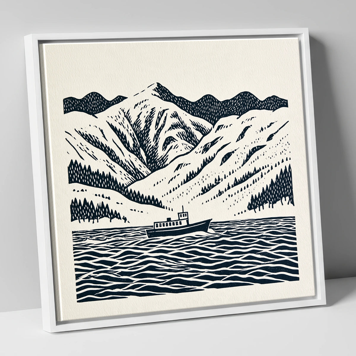 Ullswater Steamer in Deep Navy lake district lake canvas wall art in white frame