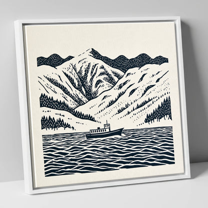 Ullswater Steamer in Deep Navy lake district lake canvas wall art in white frame