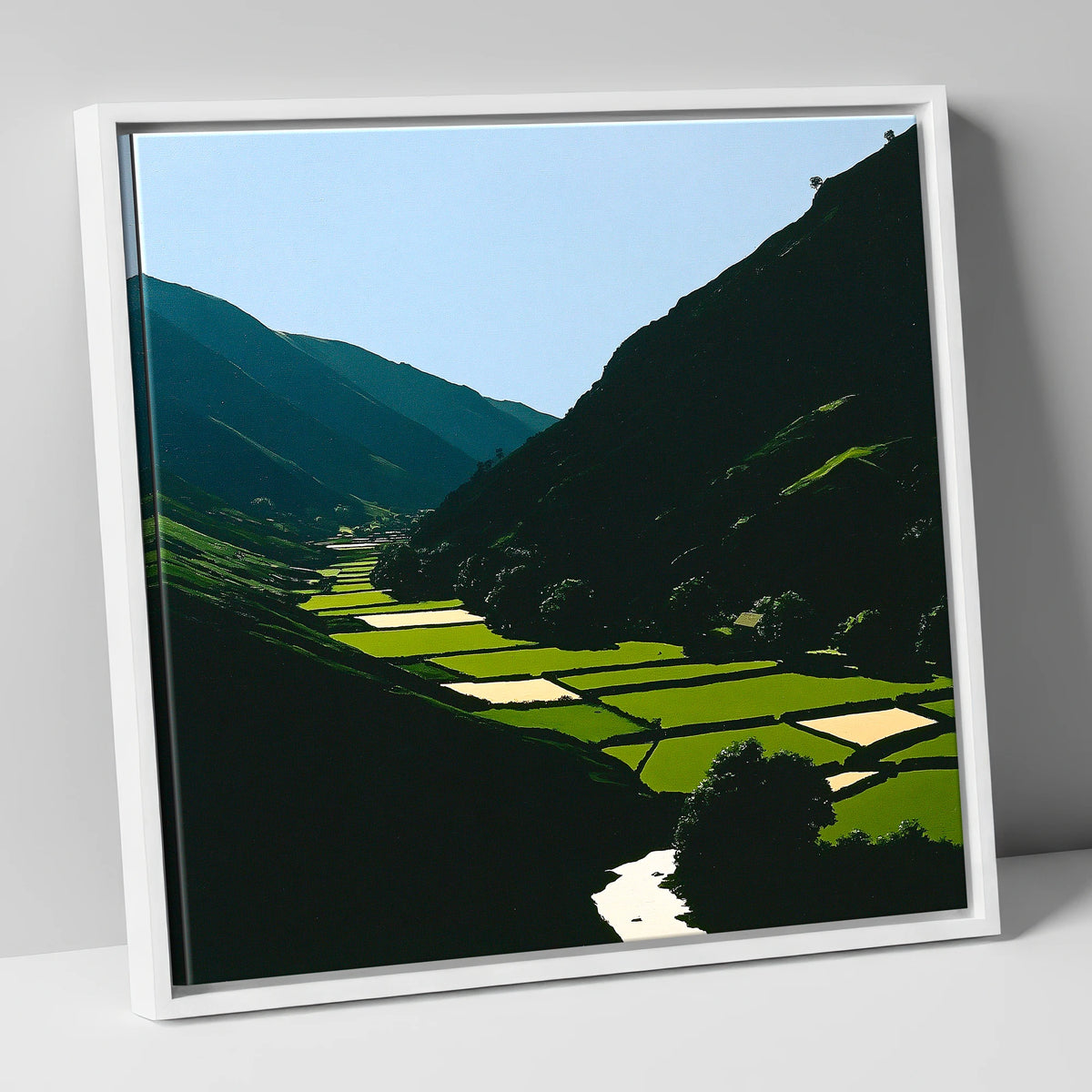 Sunlit Patchwork in the Dale lake district valley canvas wall art in white frame