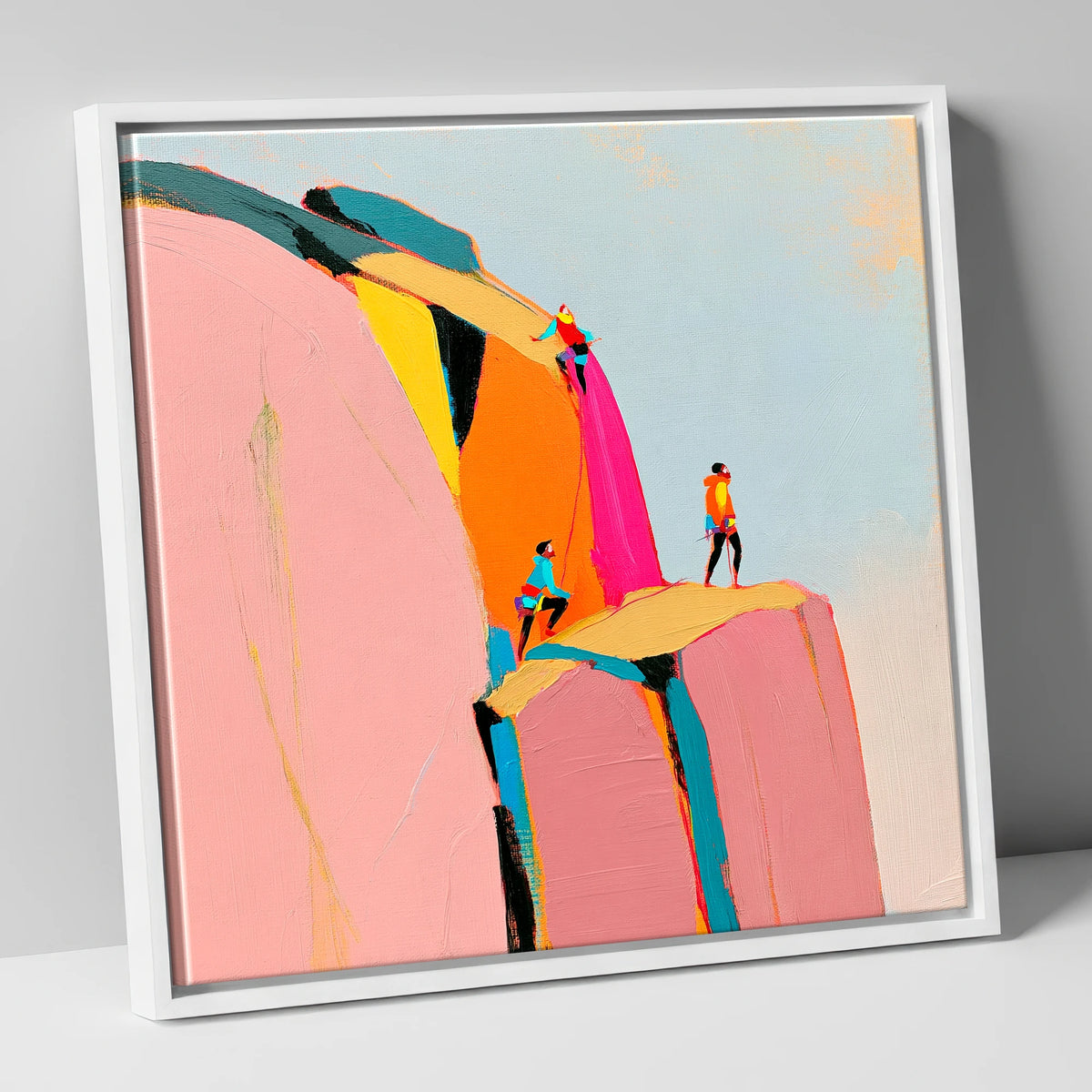 Vibrant Rock Climbers on Crag lake district walking canvas wall art in white frame
