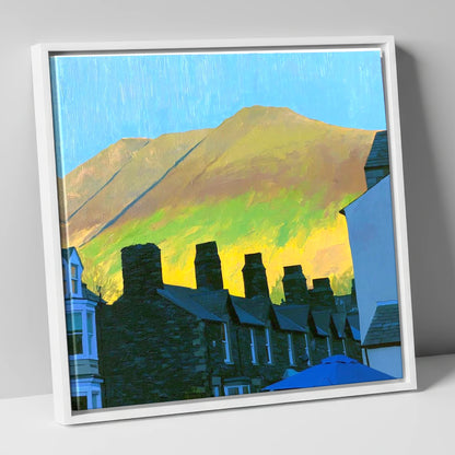 Keswick Chimneys and Sunlit Skiddaw lake district village canvas wall art in white frame