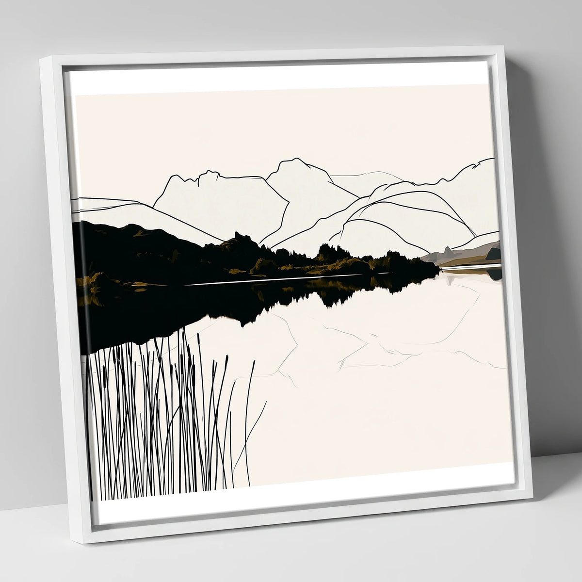 Elterwater Reeds in Black and Cream lake district lake canvas wall art in white frame