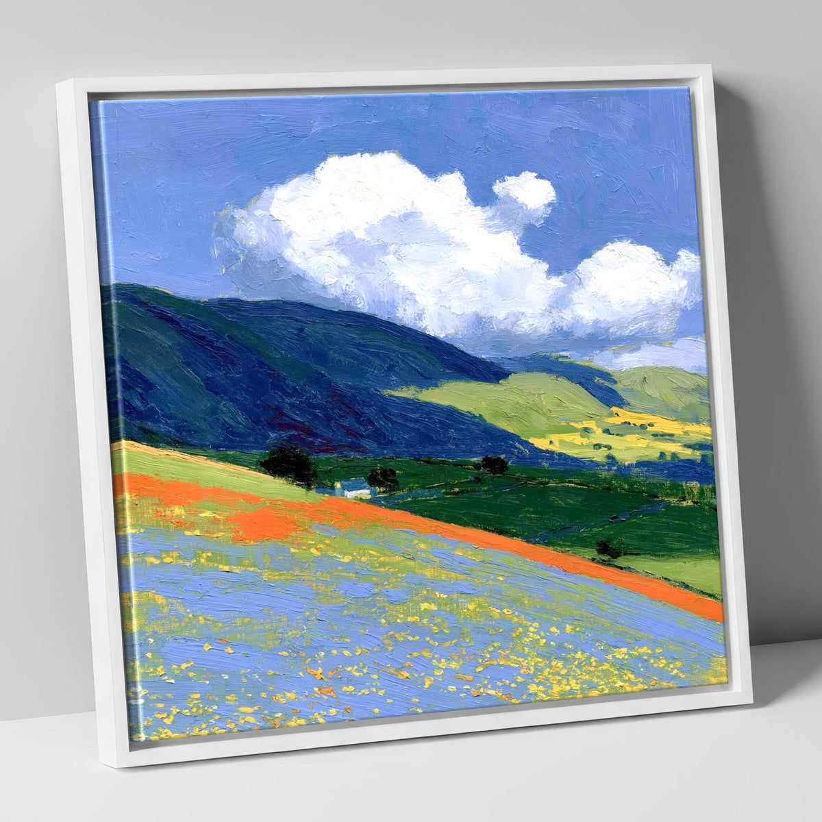 Rolling Fells Under Bright Clouds lake district fell canvas wall art in white frame