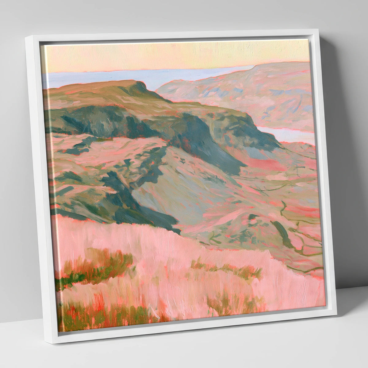 Fell Summit in Pastel Pink lake district fell canvas wall art in white frame
