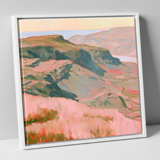 Fell Summit in Pastel Pink lake district fell canvas wall art in white frame