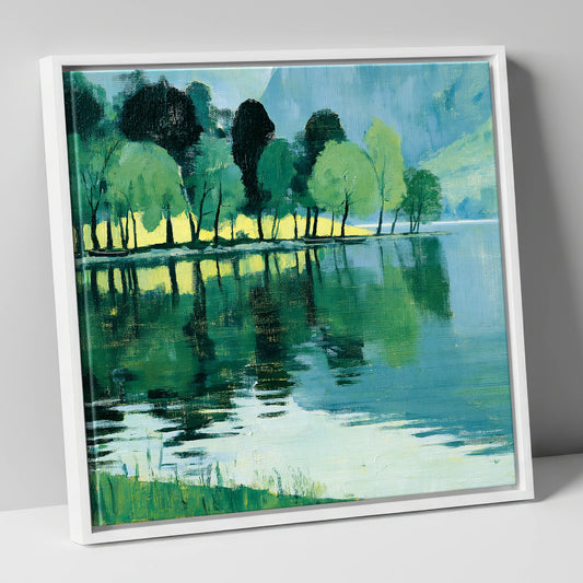 Still Lake Reflections at Dawn lake district lake canvas wall art in white frame