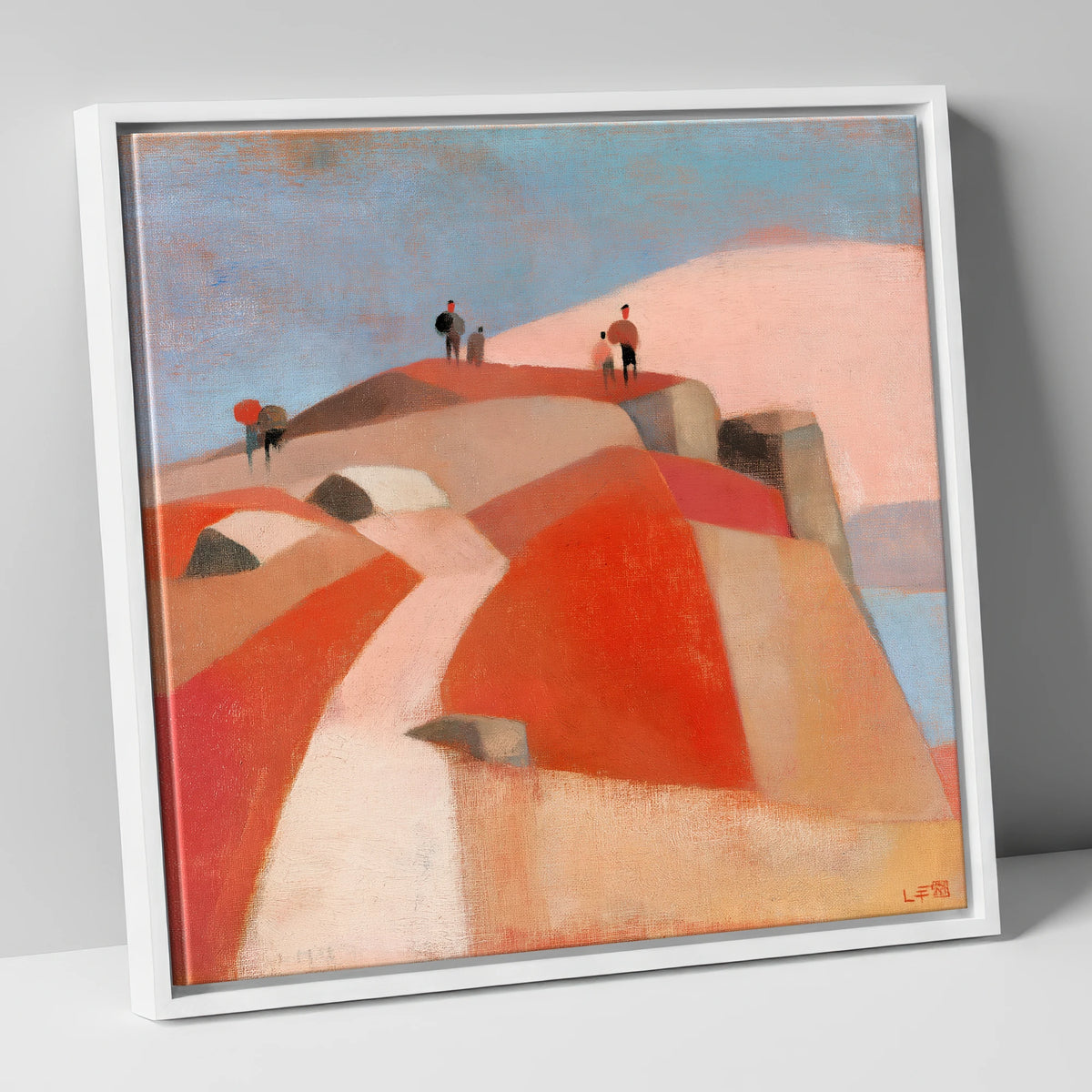 Fell Walkers on a Terracotta Summit lake district fell canvas wall art in white frame