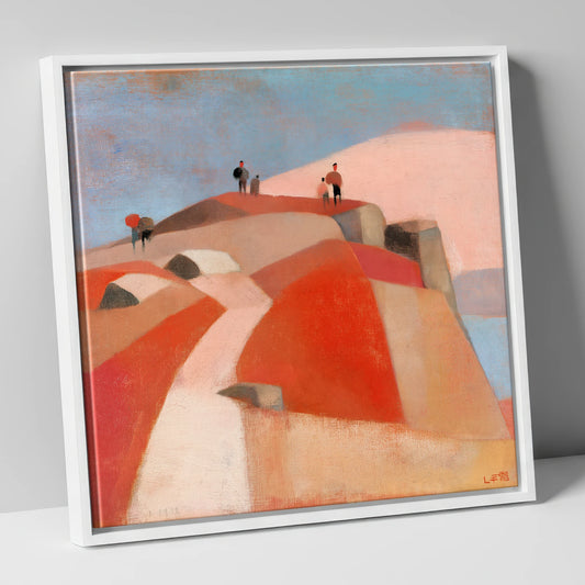 Fell Walkers on a Terracotta Summit lake district fell canvas wall art in white frame